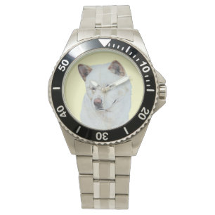 Hundeportraitmalerei auf weißes akita armbanduhr