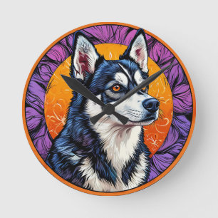 Hundeporträt mit mosaik-inspiriertem Hintergrund Runde Wanduhr