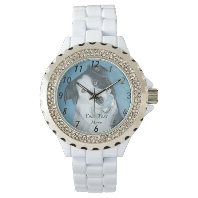 Hundeporträt mit niedlicher schwarz-weißer Grenzko Armbanduhr (Vorderseite)