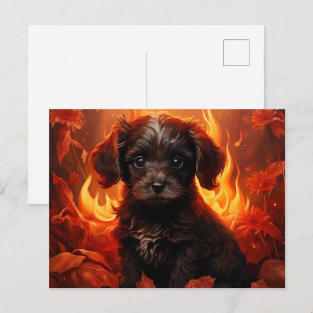 Hundepostkarte mit Feuerblumen Postkarte (Vorne/Hinten)