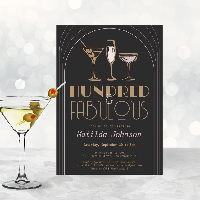 Hundert und fabelhafte Cocktails Gold 100. Geburts Einladung (Mockup View)