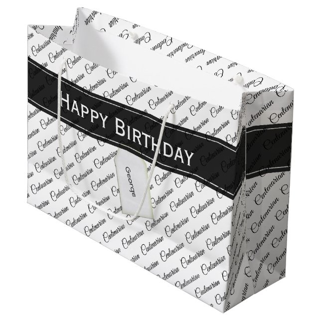 Hundertste Schwarz/Weiß Typografie Muster - 100. Große Geschenktüte (Vorderseite Schrägansicht)