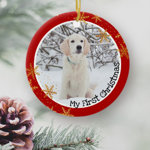 Hundes erstes Red Gold Snowfloakes Foto Keramik Ornament