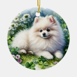 Hundeschleife mit weißem Spitz Keramik Ornament