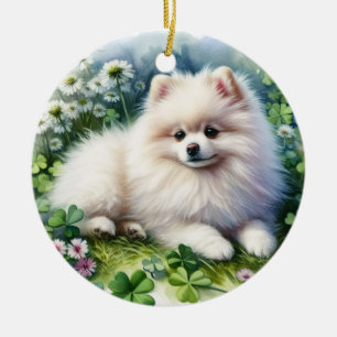 Hundeschleife mit weißem Spitz Keramik Ornament