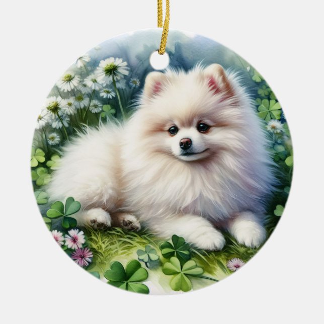 Hundeschleife mit weißem Spitz Keramik Ornament (Vorne)