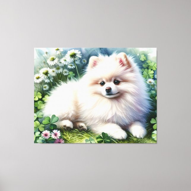 Hundeschleife mit weißem Spitz Leinwanddruck (Vorderseite)