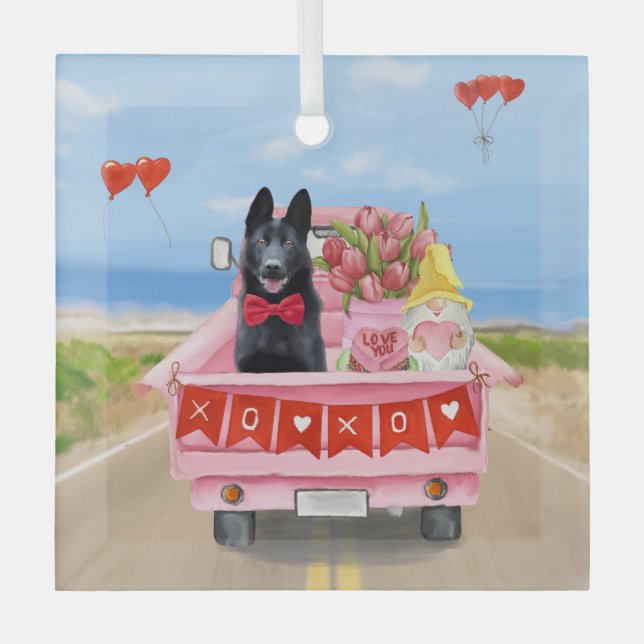 Hundeschlittenherd Valentine's Day Lkw Herz Ornament Aus Glas (Vorderseite)