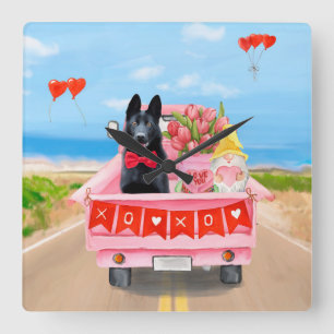 Hundeschlittenherd Valentine's Day Lkw Herz Quadratische Wanduhr