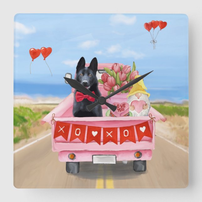 Hundeschlittenherd Valentine's Day Lkw Herz Quadratische Wanduhr (Vorderseite)