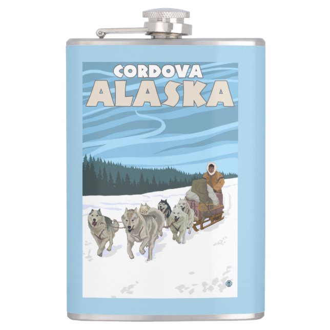 HundeSledding Szene - Cordova, Alaska Flachmann (Vorderseite)