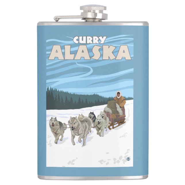 HundeSledding Szene - Curry, Alaska Flachmann (Vorderseite)
