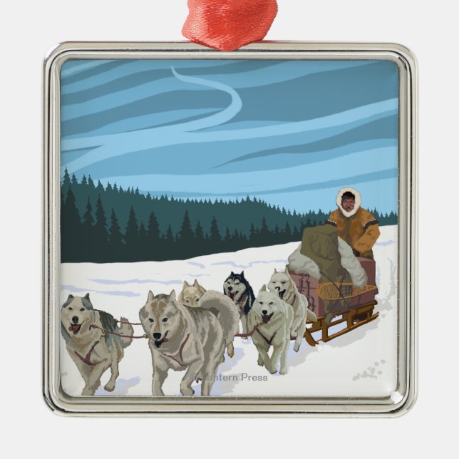 HundeSledding Szene - Iditarod, Alaska Silbernes Ornament (Vorne)
