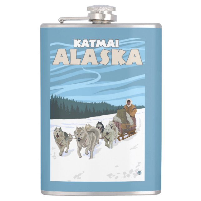 HundeSledding Szene - Katmai, Alaska Flachmann (Vorderseite)