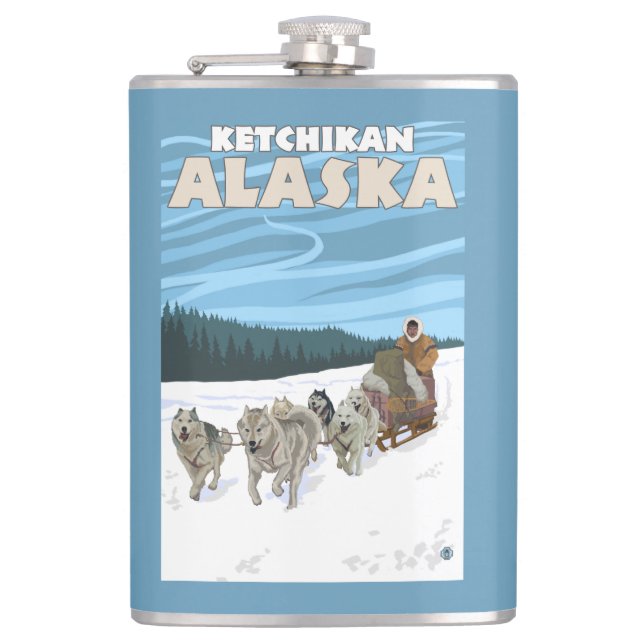 HundeSledding Szene - Ketchikan, Alaska Flachmann (Vorderseite)
