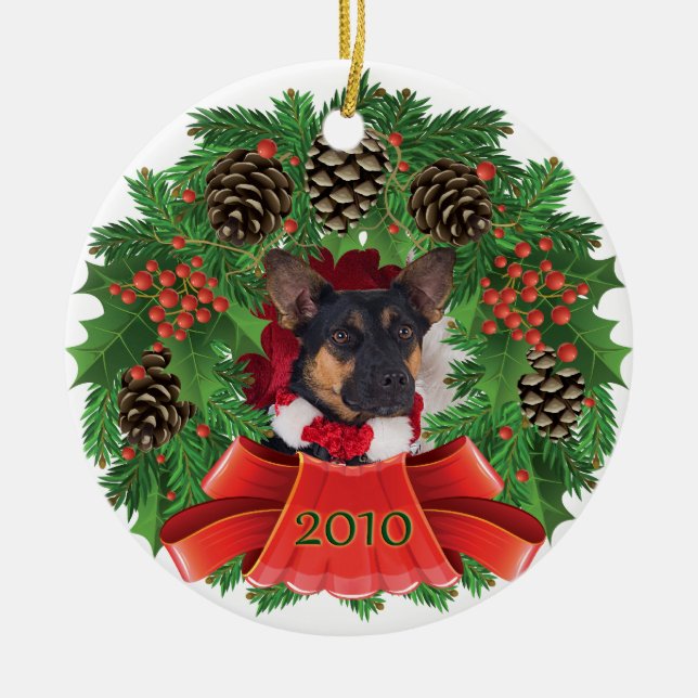 Hundeweihnachtsfeiertags-Kranz-Verzierung Keramik Ornament (Vorne)