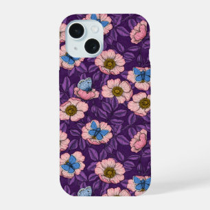 Hundsrose und Schmetterlinge in Rosa und Lila iPhone 15 Hülle