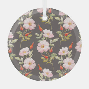 Hundsrose-Wasserfarbe: Dunkles Blumenmuster Ornament Aus Glas