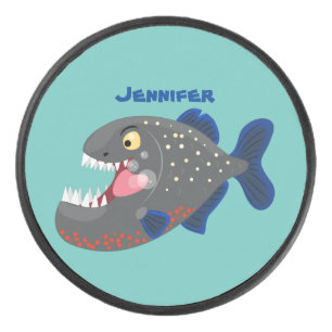 Hungrige lustige Piranha Cartoon Illustration Eishockey Puck