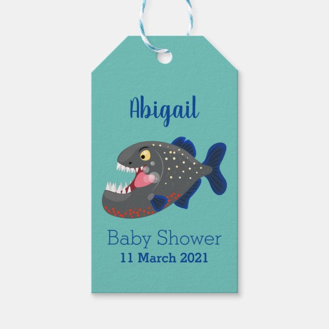 Hungrige lustige Piranha Cartoon Illustration Geschenkanhänger (Vorderseite)