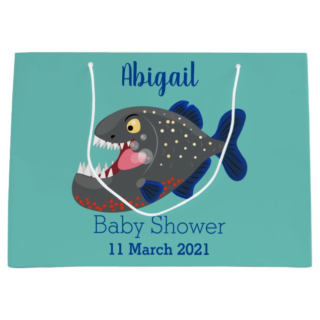 Hungrige lustige Piranha Cartoon Illustration Große Geschenktüte (Vorderseite)