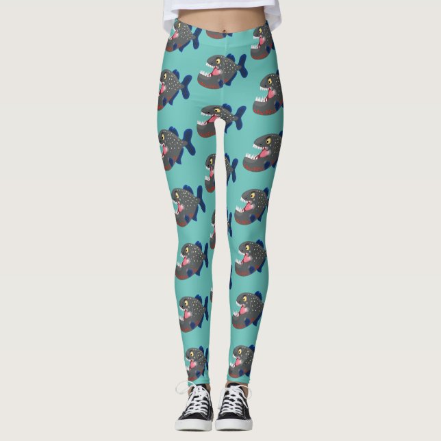 Hungrige lustige Piranha Cartoon Illustration Leggings (Vorderseite)
