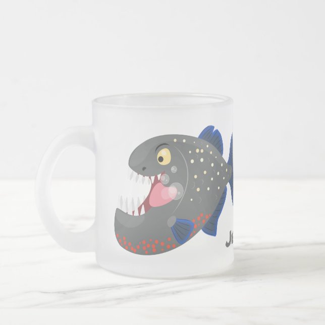 Hungrige lustige Piranha Cartoon Illustration Mattglastasse (Links)
