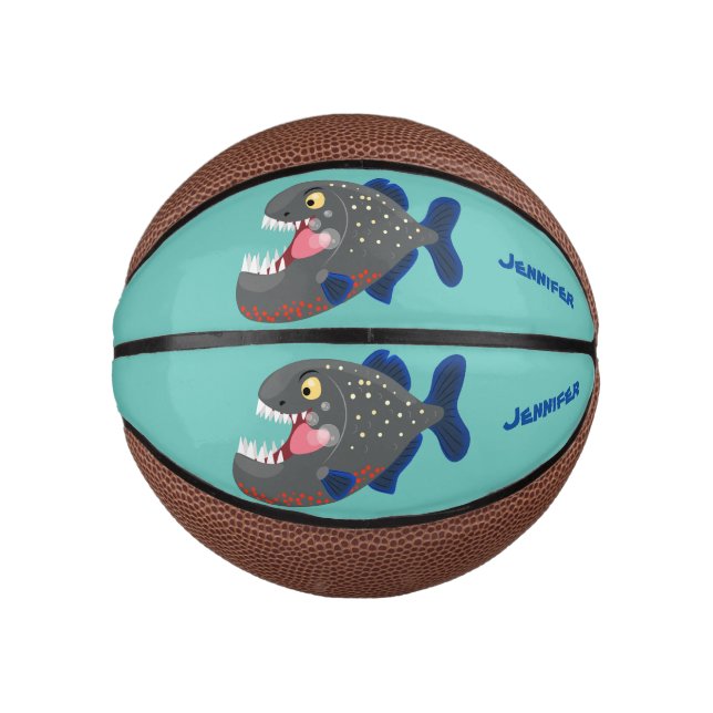 Hungrige lustige Piranha Cartoon Illustration Mini Basketball (Vorderseite)