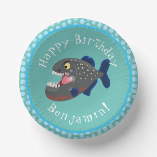 Hungrige lustige Piranha-Cartoon-Illustration Pappteller