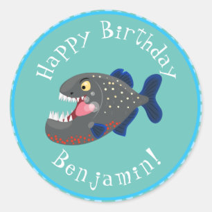 Hungrige lustige Piranha Cartoon Illustration Runder Aufkleber