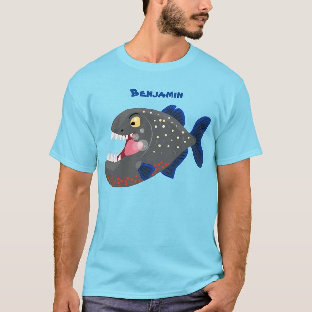 Hungrige lustige Piranha Cartoon Illustration T-Shirt (Vorderseite)