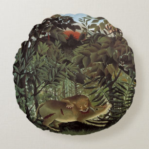 Hungriger Löwe von Henri Rousseau, Vintage Wildtie Rundes Kissen