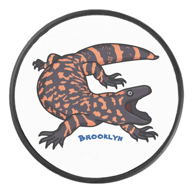 Hungriges Goldmonster-Eidechsen-Cartoon Eishockey Puck (Vorderseite)