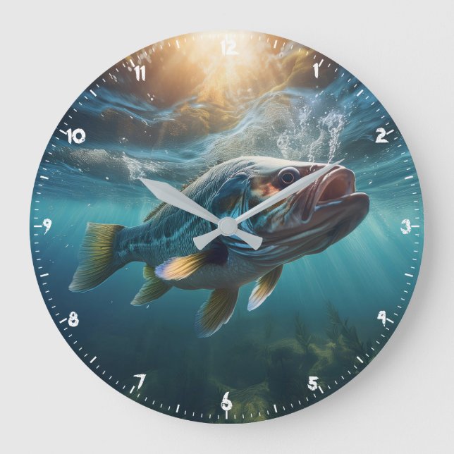 Hungriges großes Mund-schwarzes Bass auf der Jagd Große Wanduhr (Vorderseite)