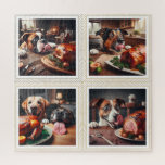 Hungry Dogs & Holiday Roasts Square Puzzle 676 pcs<br><div class="desc">This hilarious and heartwarming jigsaw puzzle captures the ultimate dinner dilemma—four irresistibly cute dogs caught mid-temptation as they eye mouthwatering holiday roasts. Each image bursts with personality, from wide eyes to wagging tongues, making this puzzle a delightful challenge and a perfect gift for dog lovers, foodies, or anyone who enjoys...</div>