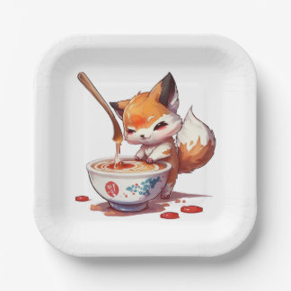Hungry Little Fox Gewartet für japanisches Ramen Pappteller