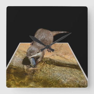 Hungry Otter Eating Fish,Popout Art Wall Clock. Quadratische Wanduhr