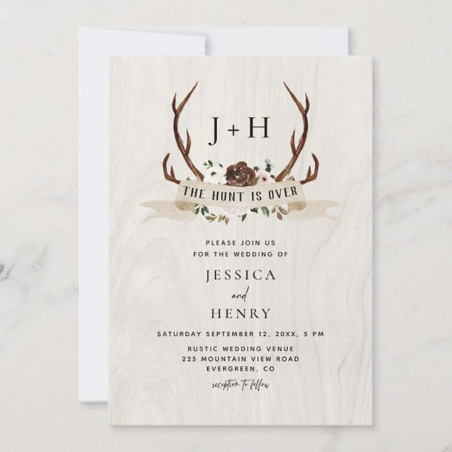 Hunt is Over Rustic Antlers QR Code Wedding  Einladung (Vorderseite)