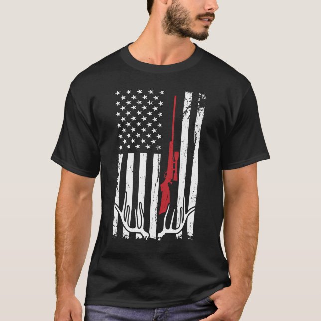 Hunter American Flag USA Jagd Hirsch Geschenk T-Shirt (Vorderseite)