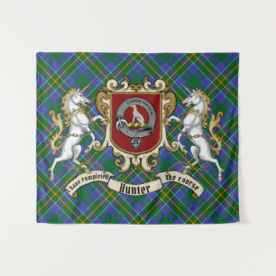 Hunter Clan Abzeichen & Unicorns w/Tartan  Wandteppich
