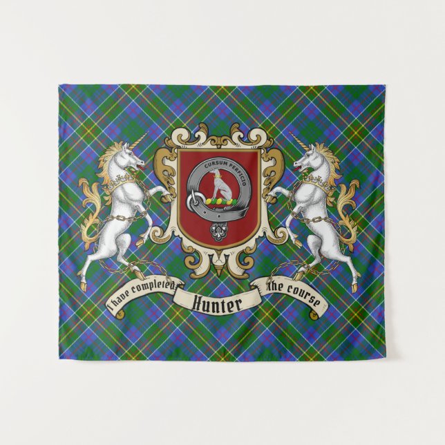 Hunter Clan Abzeichen & Unicorns w/Tartan Wandteppich (Vorderseite (Horizontal))