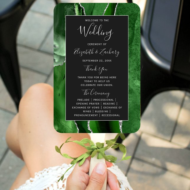 Hunter Green Agate Silver Dark Wedding Program Fächer (Von Creator hochgeladen)