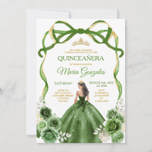 Hunter Green Bow Princess Gold Crown Quinceañera Einladung
