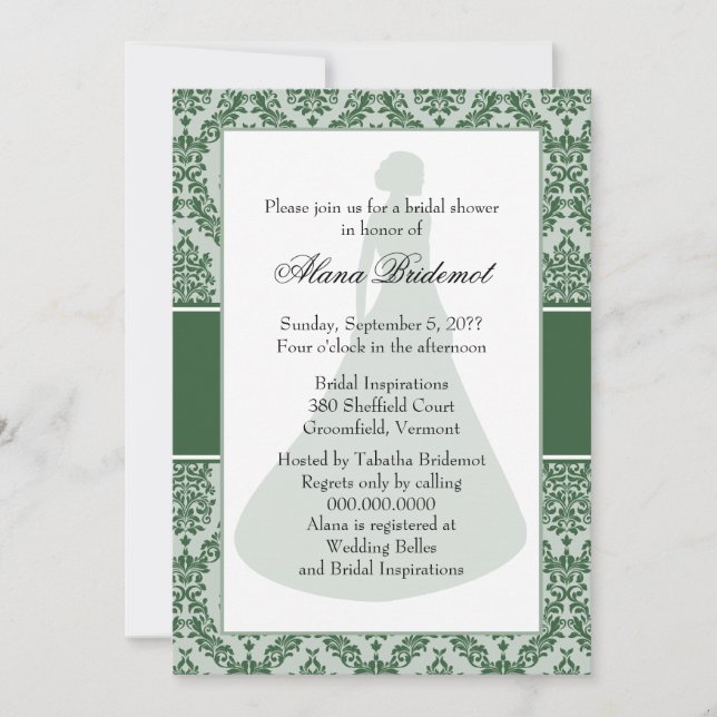 Hunter Green Damask Brautparty Einladung (Vorderseite)