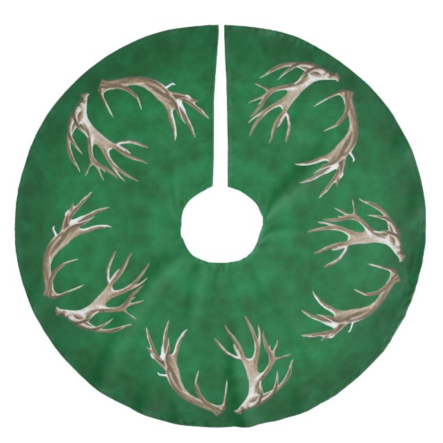 Hunter Green Deer Antlers Weihnachtsbaumrock Polyester Weihnachtsbaumdecke (Vorderseite)