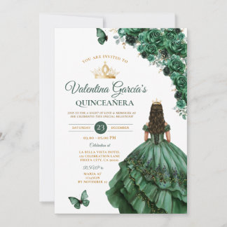 Hunter Green Dress Quinceañera 15 Anos Floral Gold Einladung