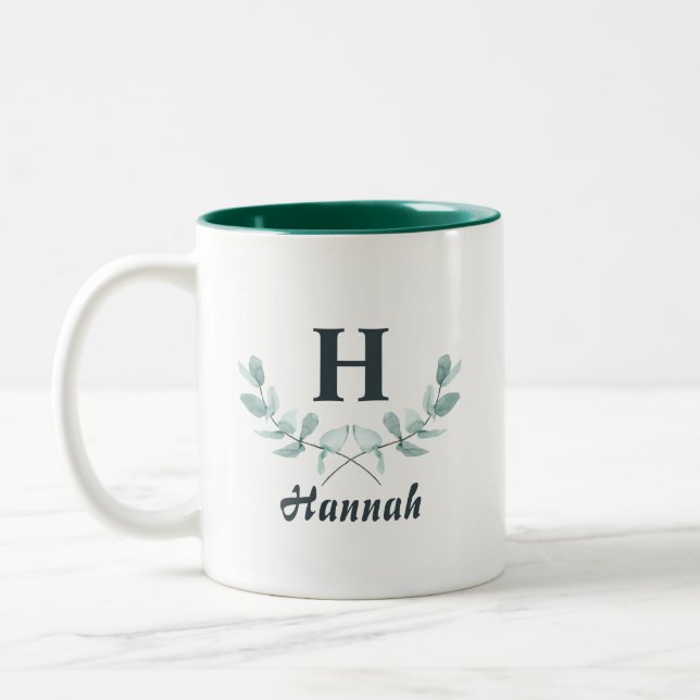 Hunter Green Eucalyptus Leaf Mit Monogramm Zweifarbige Tasse (Links)