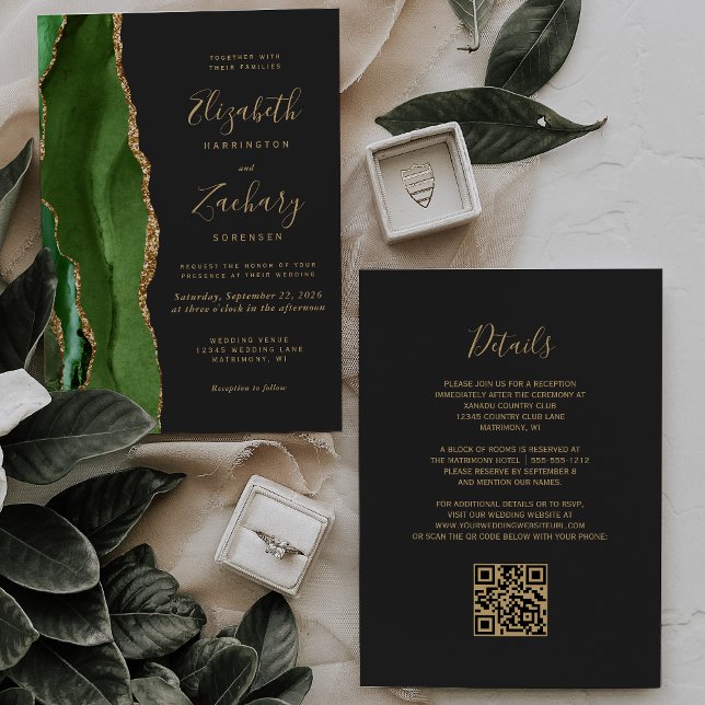 Hunter Green Gold Agate Dark QR Code Hochzeit Einladung (Von Creator hochgeladen)