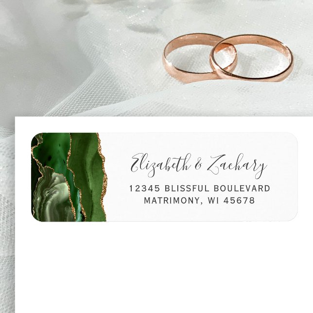 Hunter Green Gold Agate Wedding Rücksendeadresse (Von Creator hochgeladen)