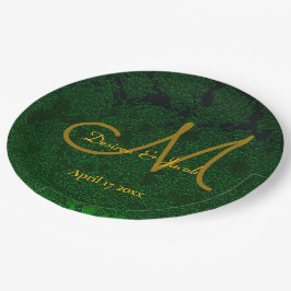Hunter Green Gold Hochzeitsempfangsmonogramm Pappteller